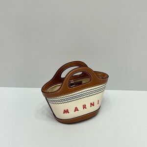 Marni Mini Canvas Tote with Tan Leather Trim and Red Logo